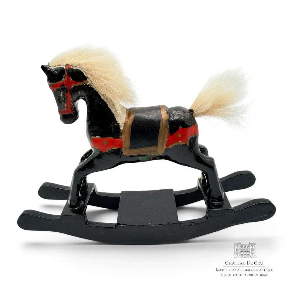 Vintage Hand-Carved Wooden Rocking Horse Figurine with Real Hair Mane and Tail